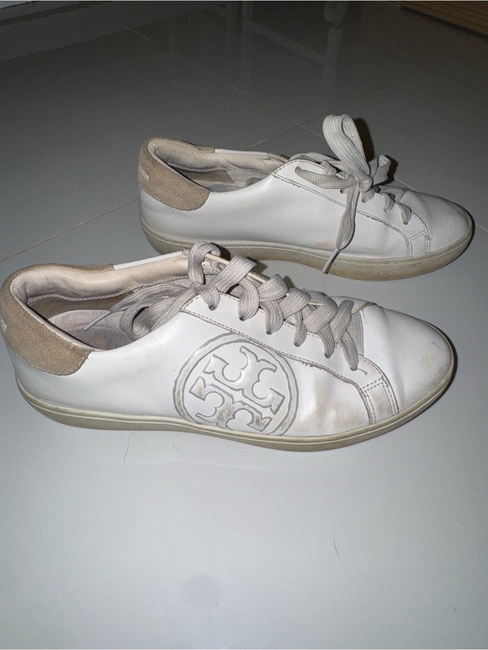 Tory Burch White Leather Logo Lace-Up Sneakers with Beige Suede Heel